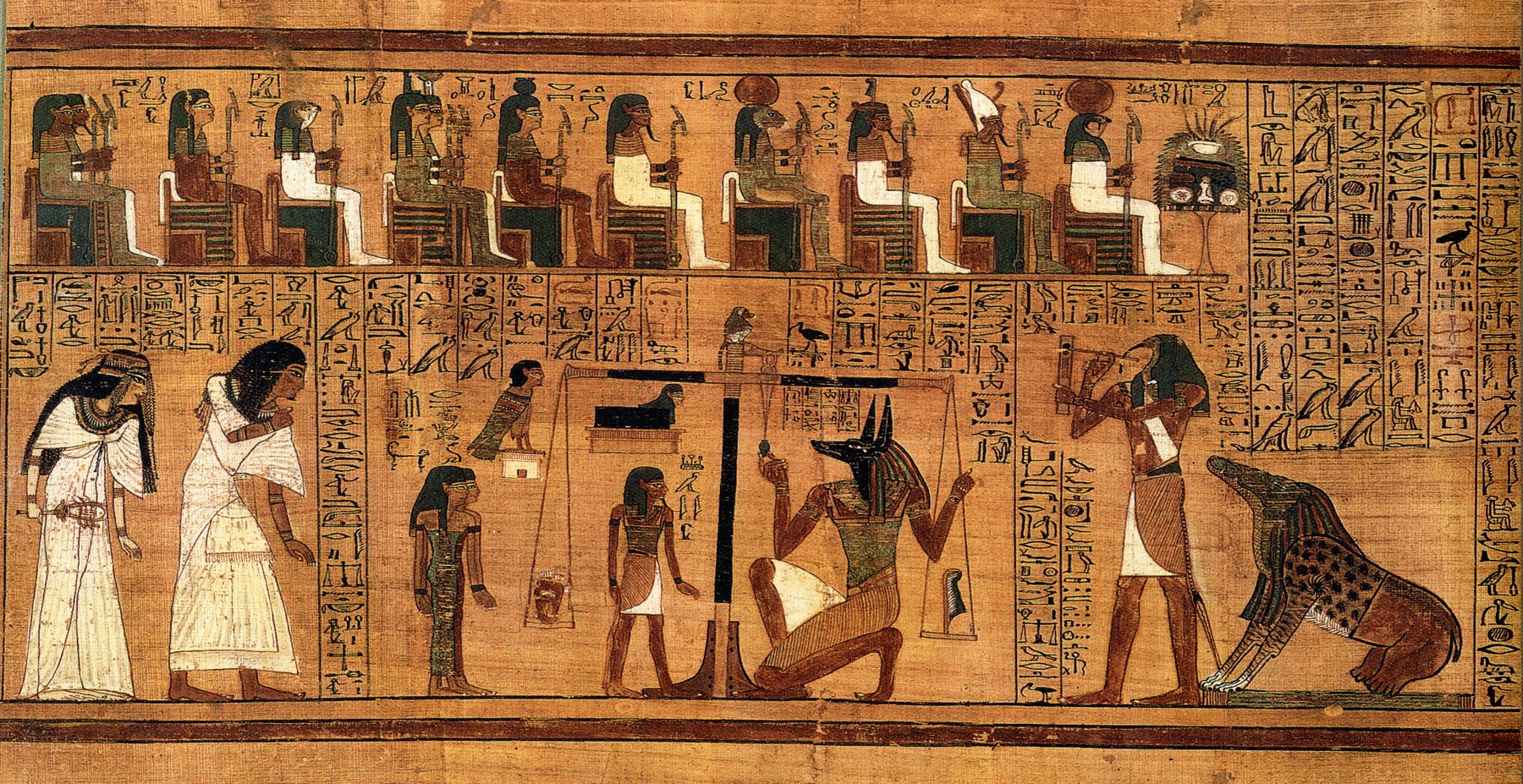 Pesar do coração — Papiro de Ani, Livro dos Mortos, c. 1250 a.C. (British Museum). Anúbis pesa o coração contra a pluma de Maat; Ammit, a devoradora, aguarda o veredito.