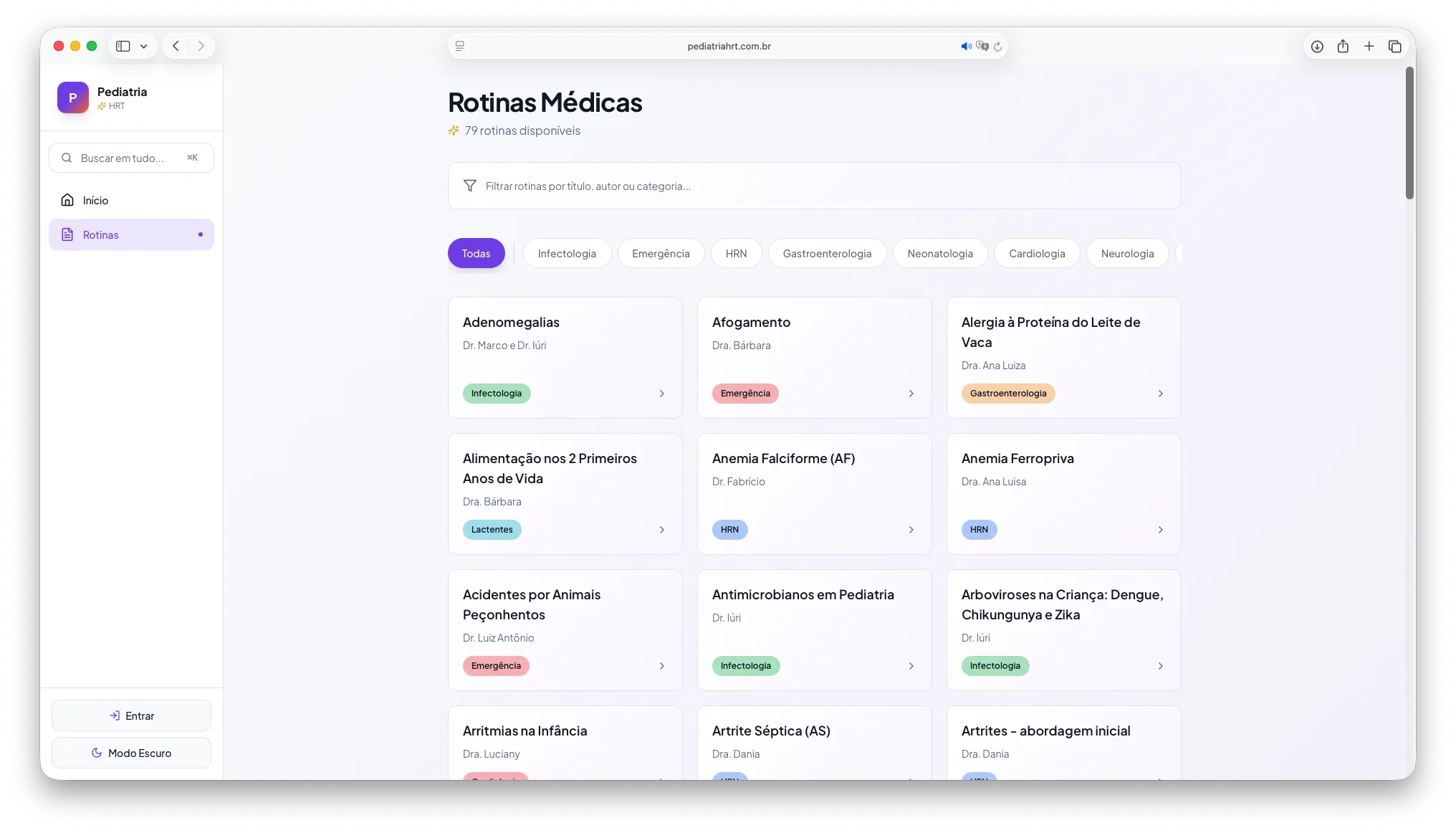 Listagem de 79 rotinas médicas com filtros por categoria